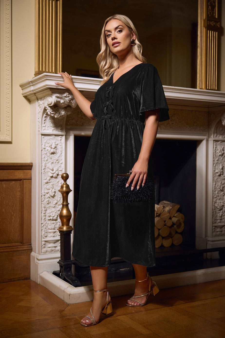 Yours Black Velvet Bow Detail Maxi Dress