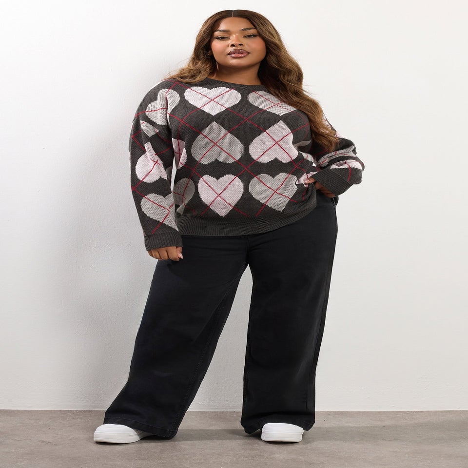 Yours Curve Grey Argyle Heart Knit Jumper