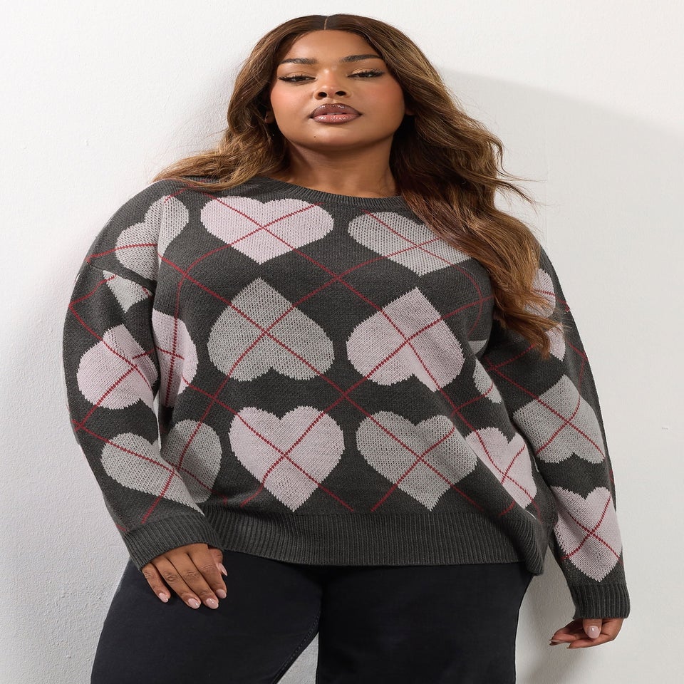 Yours Curve Grey Argyle Heart Knit Jumper