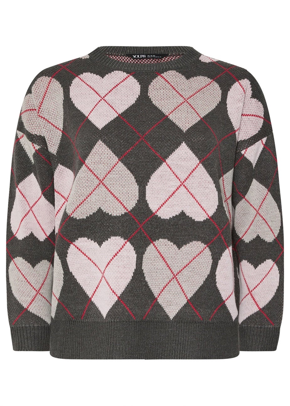 Yours Curve Grey Argyle Heart Knit Jumper