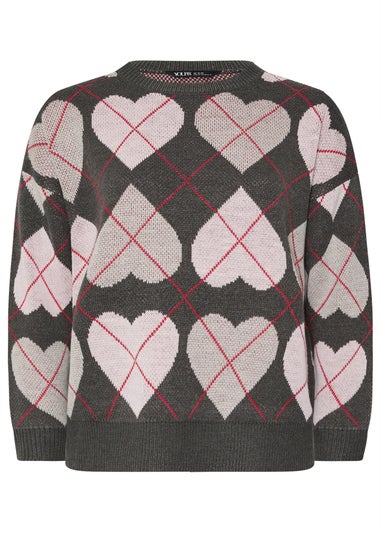 Yours Curve Grey Argyle Heart Knit Jumper