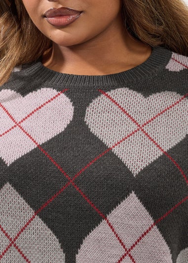 Yours Curve Grey Argyle Heart Knit Jumper