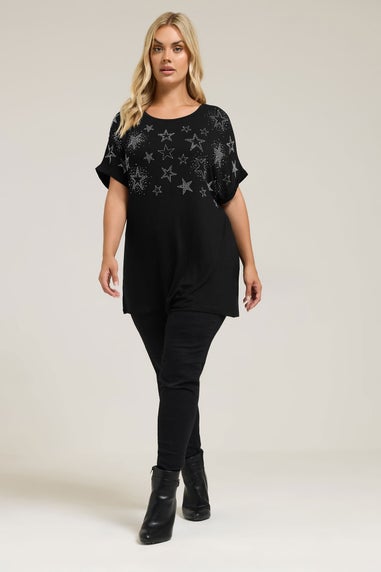 Yours Curve Black Star Stud Embellished T-Shirt