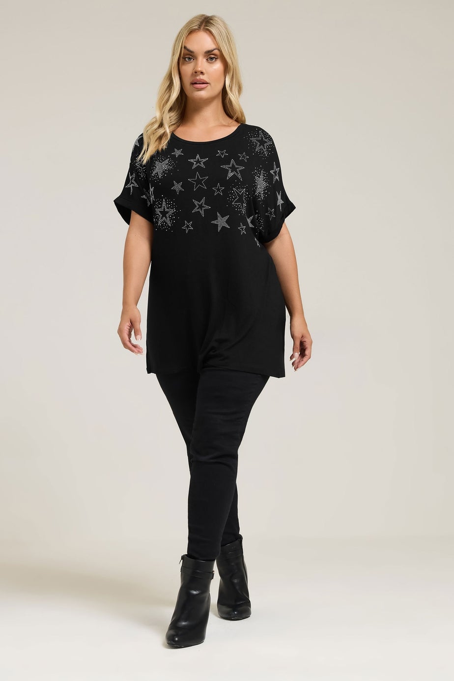 Yours Curve Black Star Stud Embellished T-Shirt