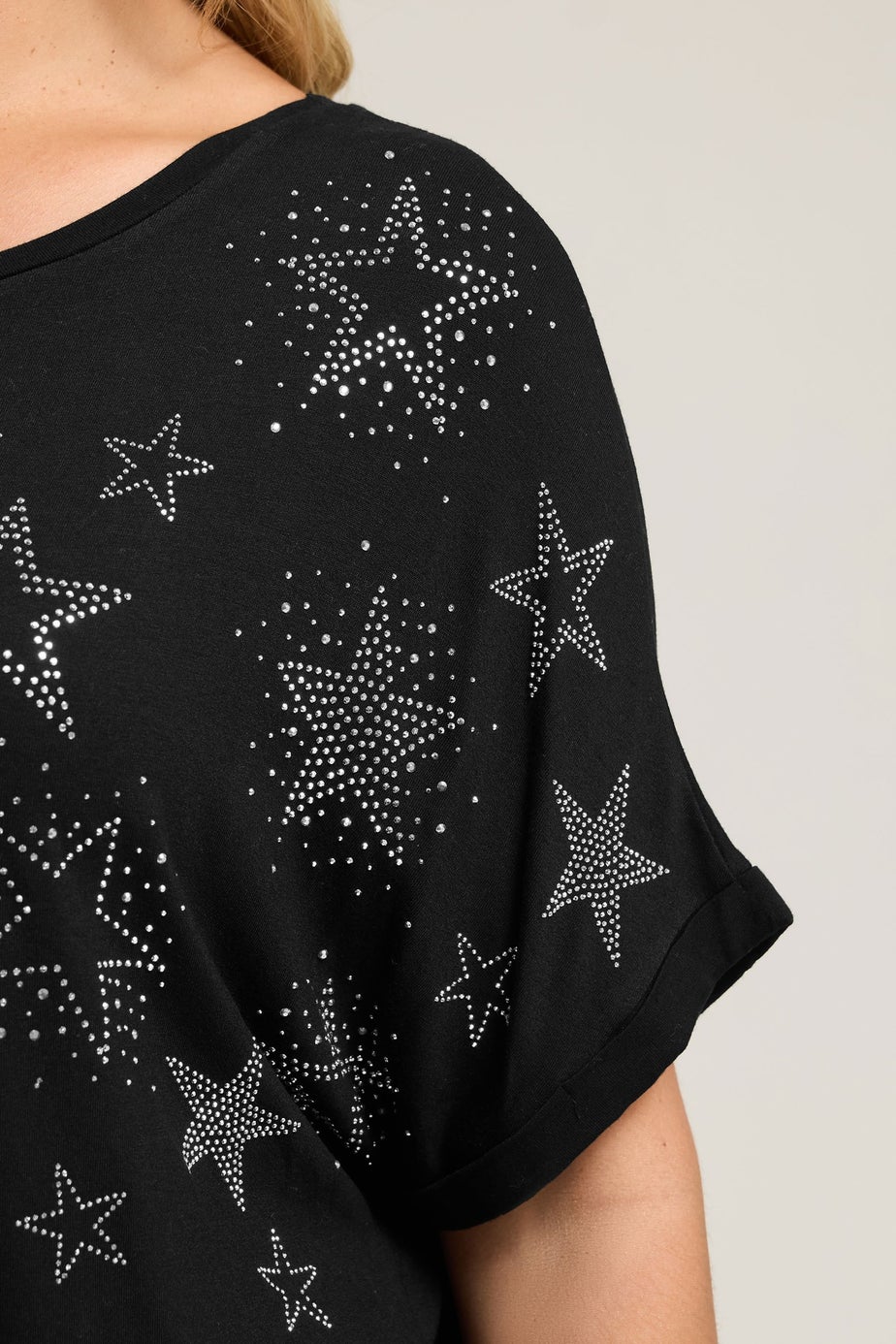 Yours Curve Black Star Stud Embellished T-Shirt