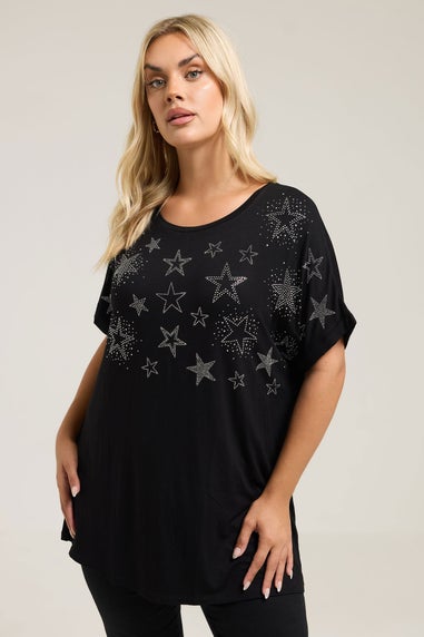 Yours Curve Black Star Stud Embellished T-Shirt