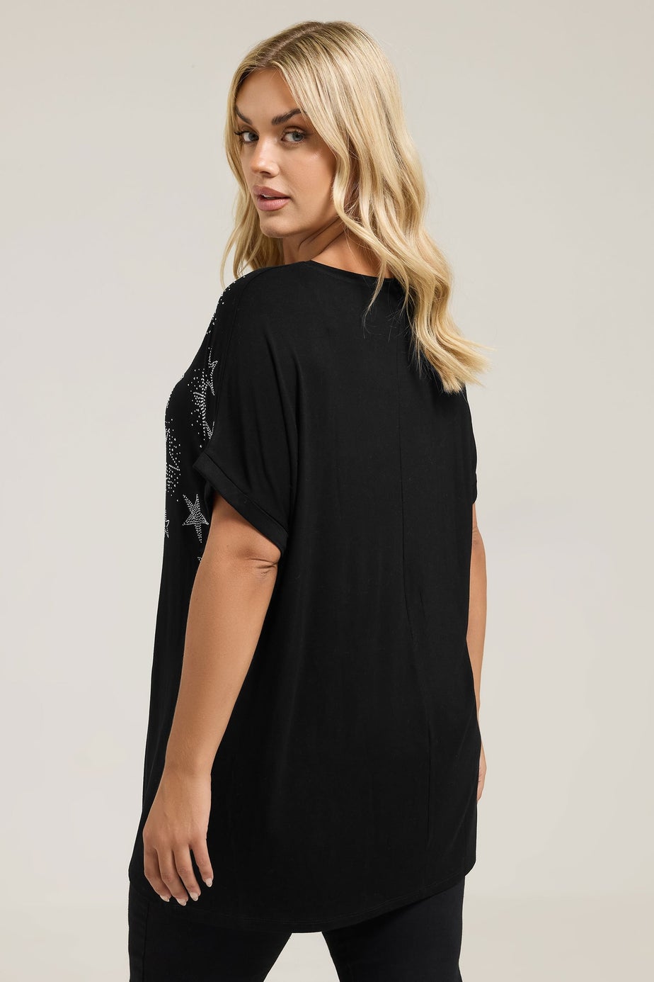 Yours Curve Black Star Stud Embellished T-Shirt