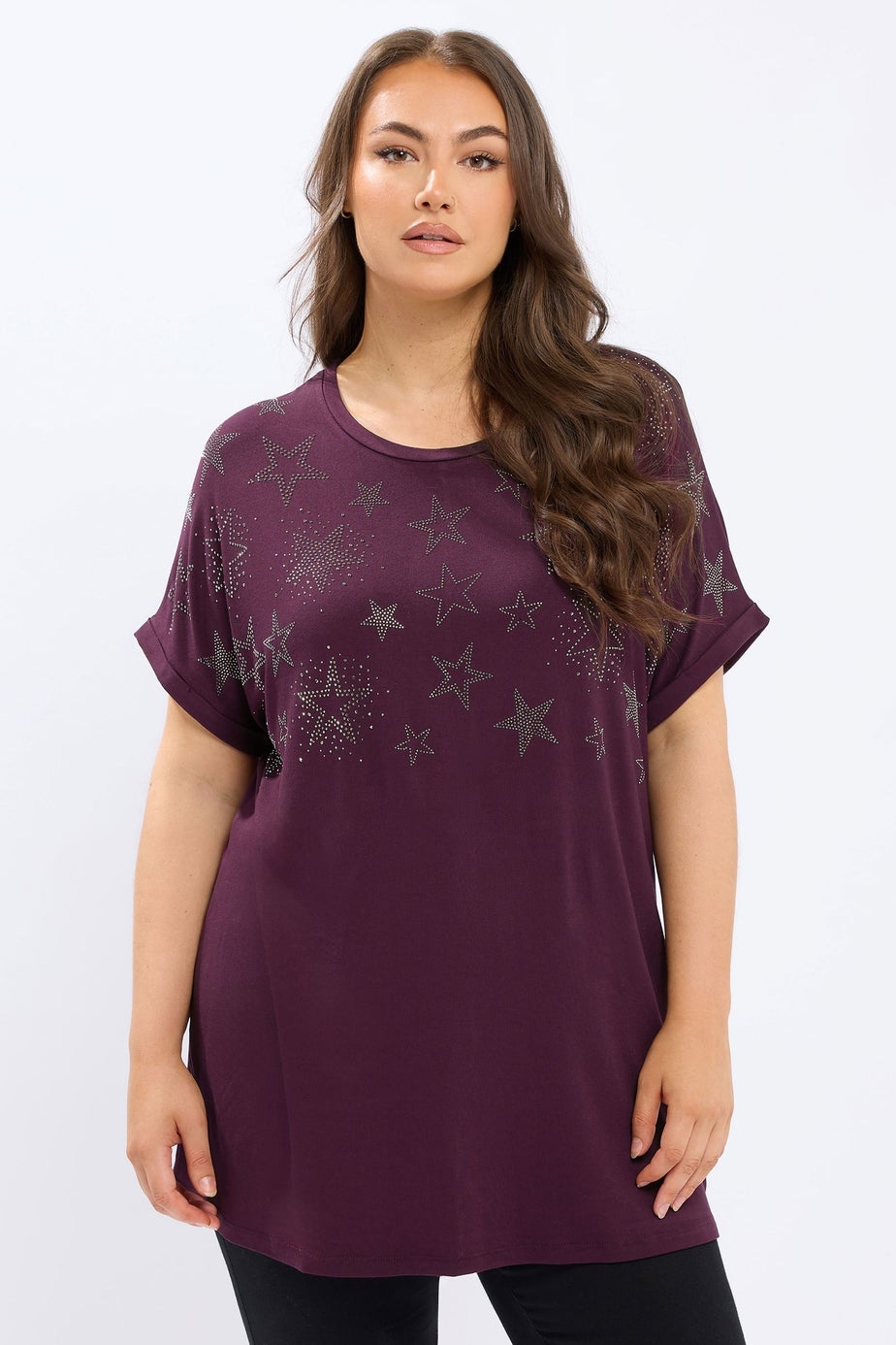 Yours Curve Purple Star Stud Embellished T-Shirt