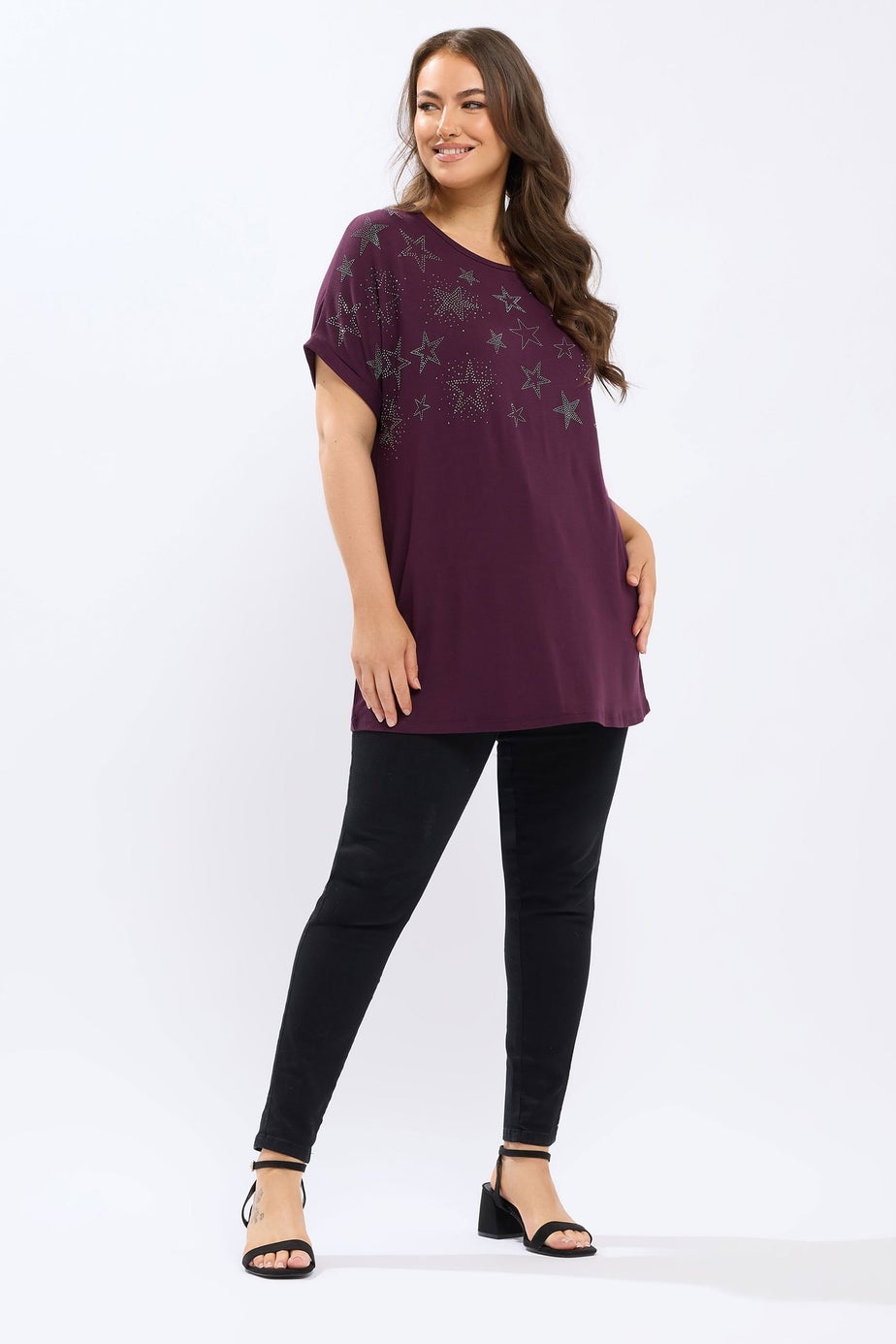Yours Curve Purple Star Stud Embellished T-Shirt