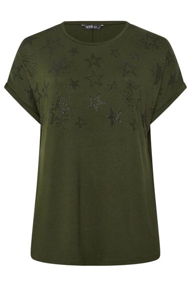 Yours Curve Khaki Green Star Print Grown On Sleeve T-Shirt