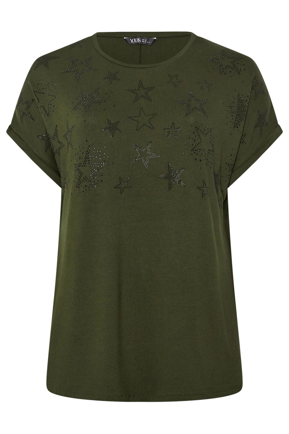 Yours Curve Khaki Green Star Print Grown On Sleeve T-Shirt