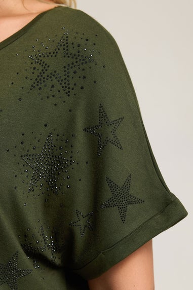 Yours Curve Khaki Green Star Print Grown On Sleeve T-Shirt