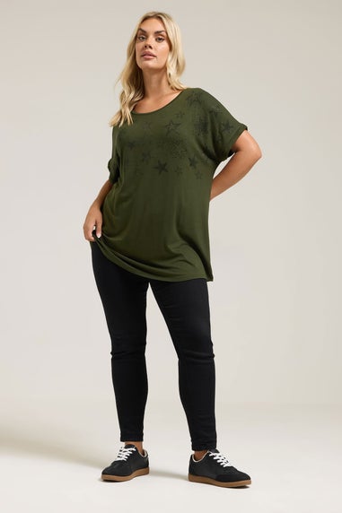 Yours Curve Khaki Green Star Print Grown On Sleeve T-Shirt