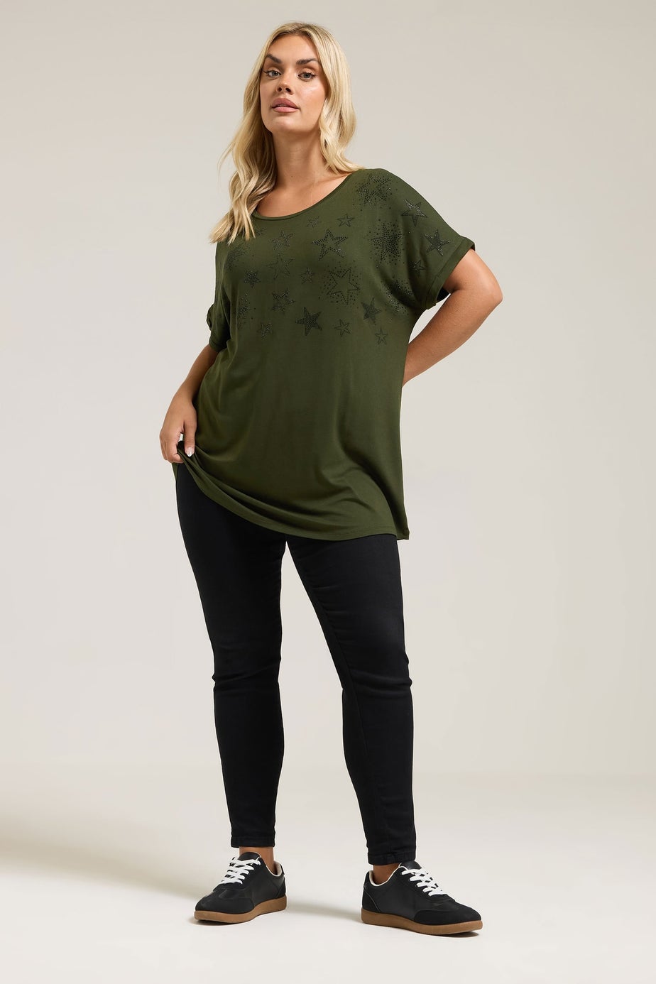 Yours Curve Khaki Green Star Print Grown On Sleeve T-Shirt