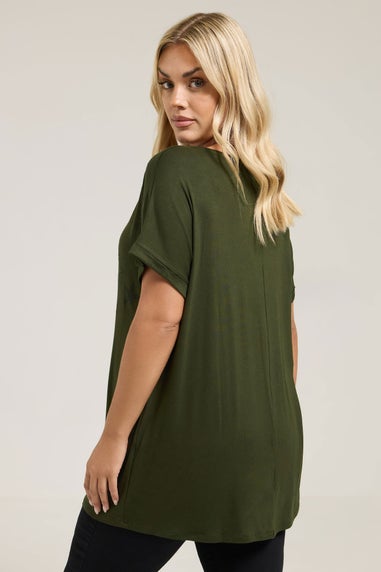 Yours Curve Khaki Green Star Print Grown On Sleeve T-Shirt