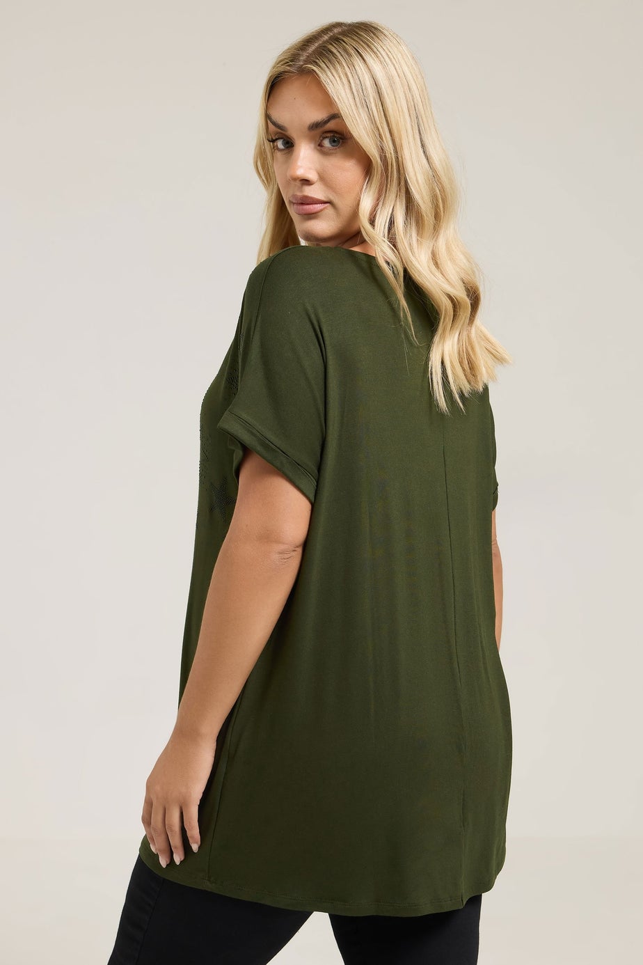 Yours Curve Khaki Green Star Print Grown On Sleeve T-Shirt