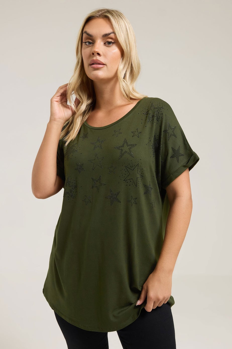 Yours Curve Khaki Green Star Print Grown On Sleeve T-Shirt
