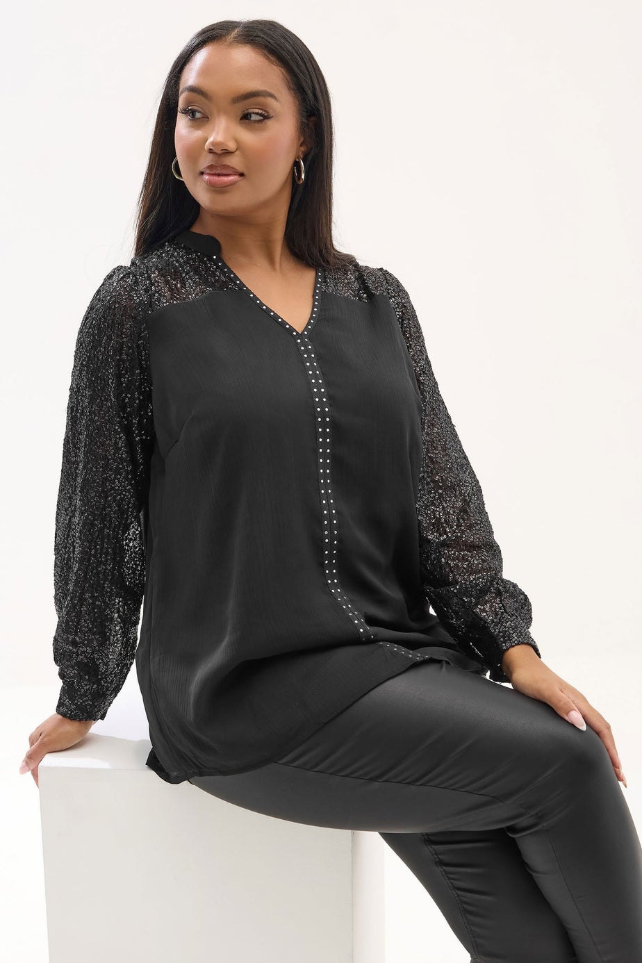 Yours Black Stud Detail Notch Neck Blouse