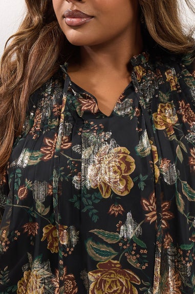 Yours Black Floral Metallic Tie Neck Blouse