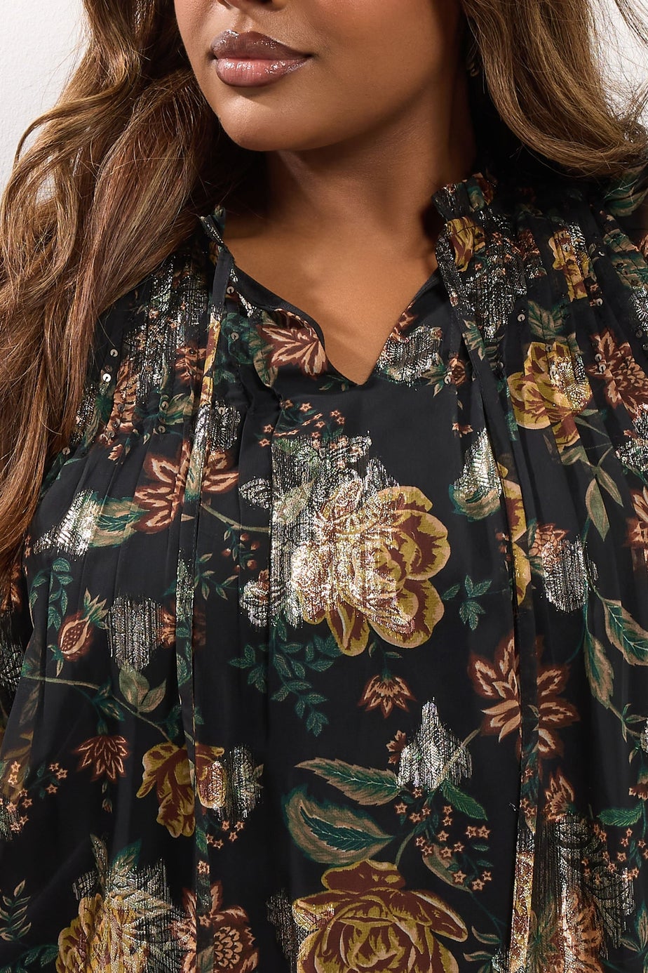 Yours Black Floral Metallic Tie Neck Blouse