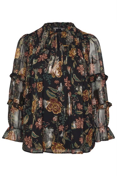 Yours Black Floral Metallic Tie Neck Blouse