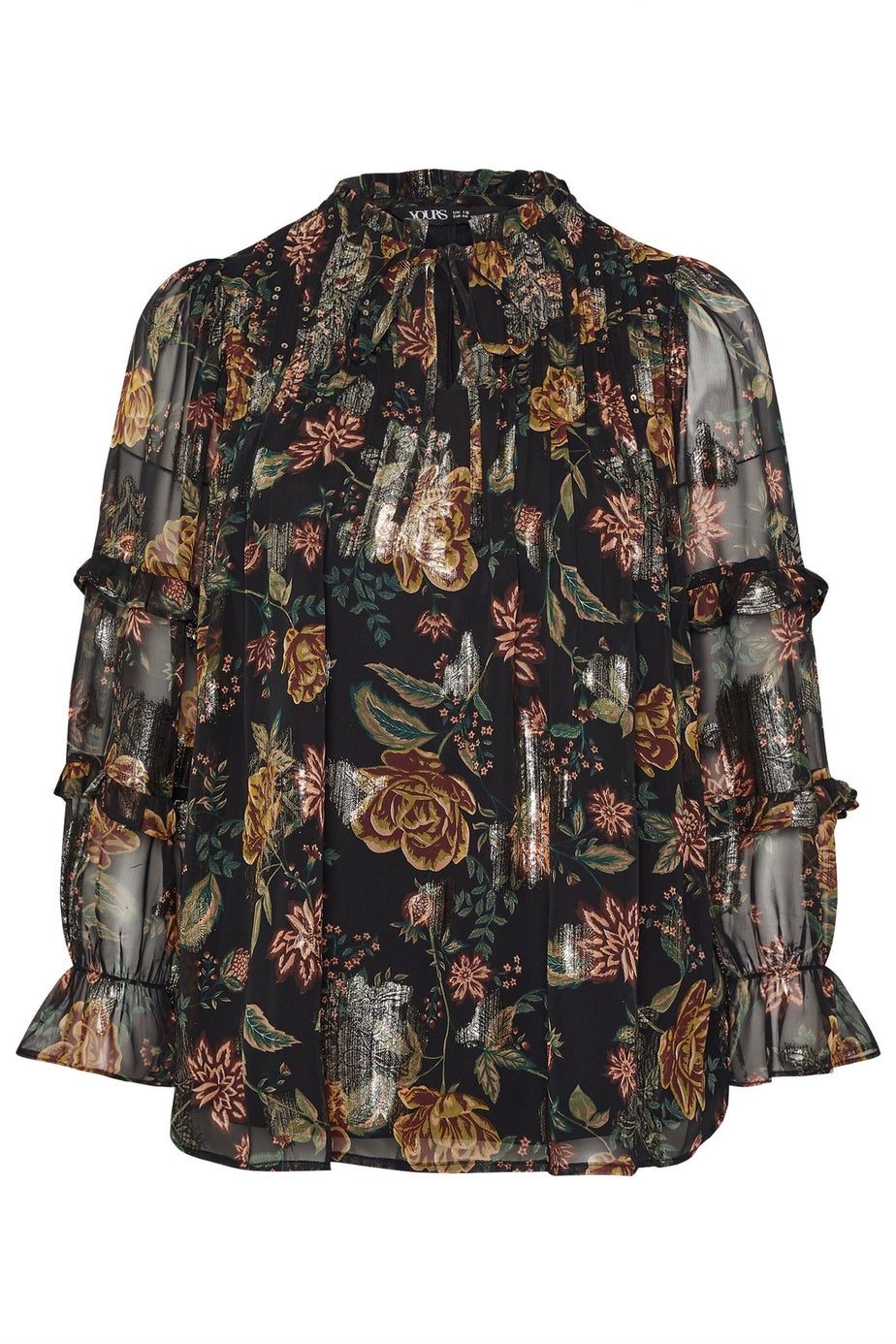 Yours Black Floral Metallic Tie Neck Blouse