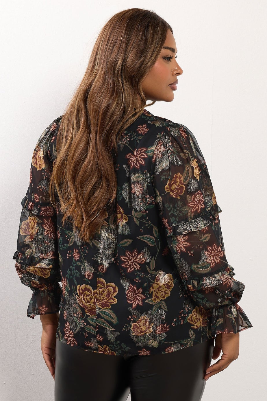 Yours Black Floral Metallic Tie Neck Blouse