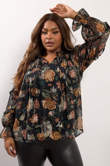 Yours Black Floral Metallic Tie Neck Blouse