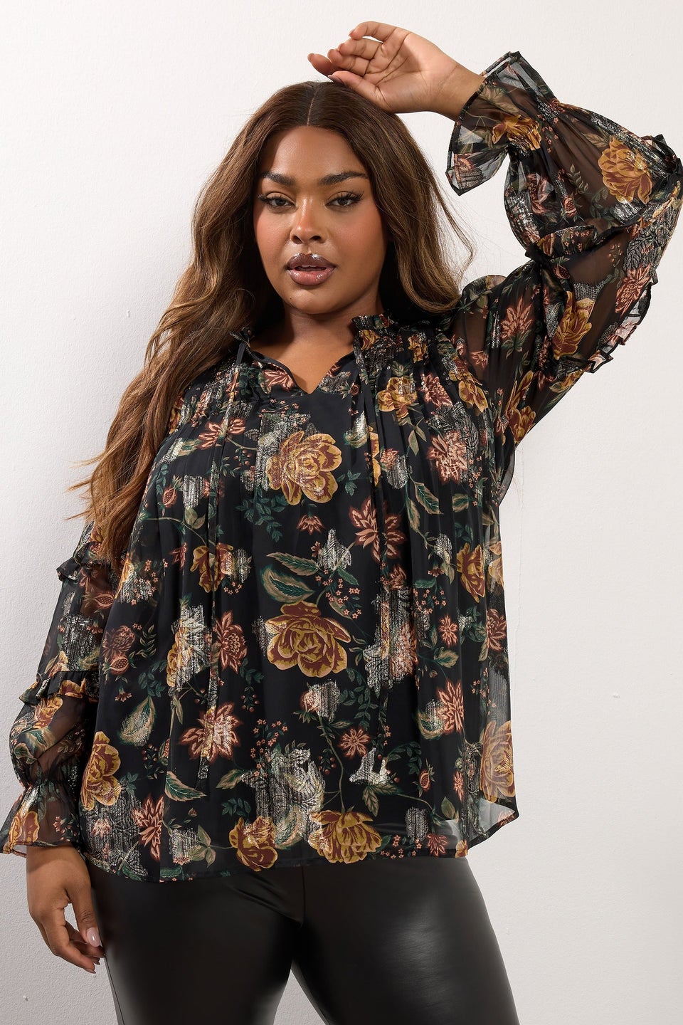 Yours Black Floral Metallic Tie Neck Blouse