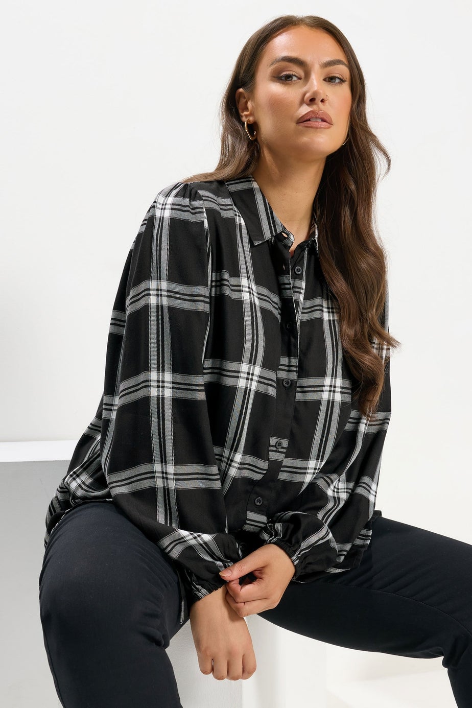 Yours Black Check Balloon Sleeve Blouse
