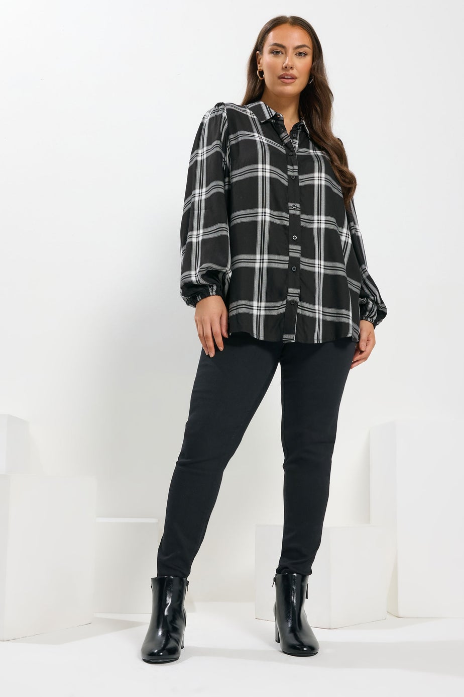 Yours Black Check Balloon Sleeve Blouse