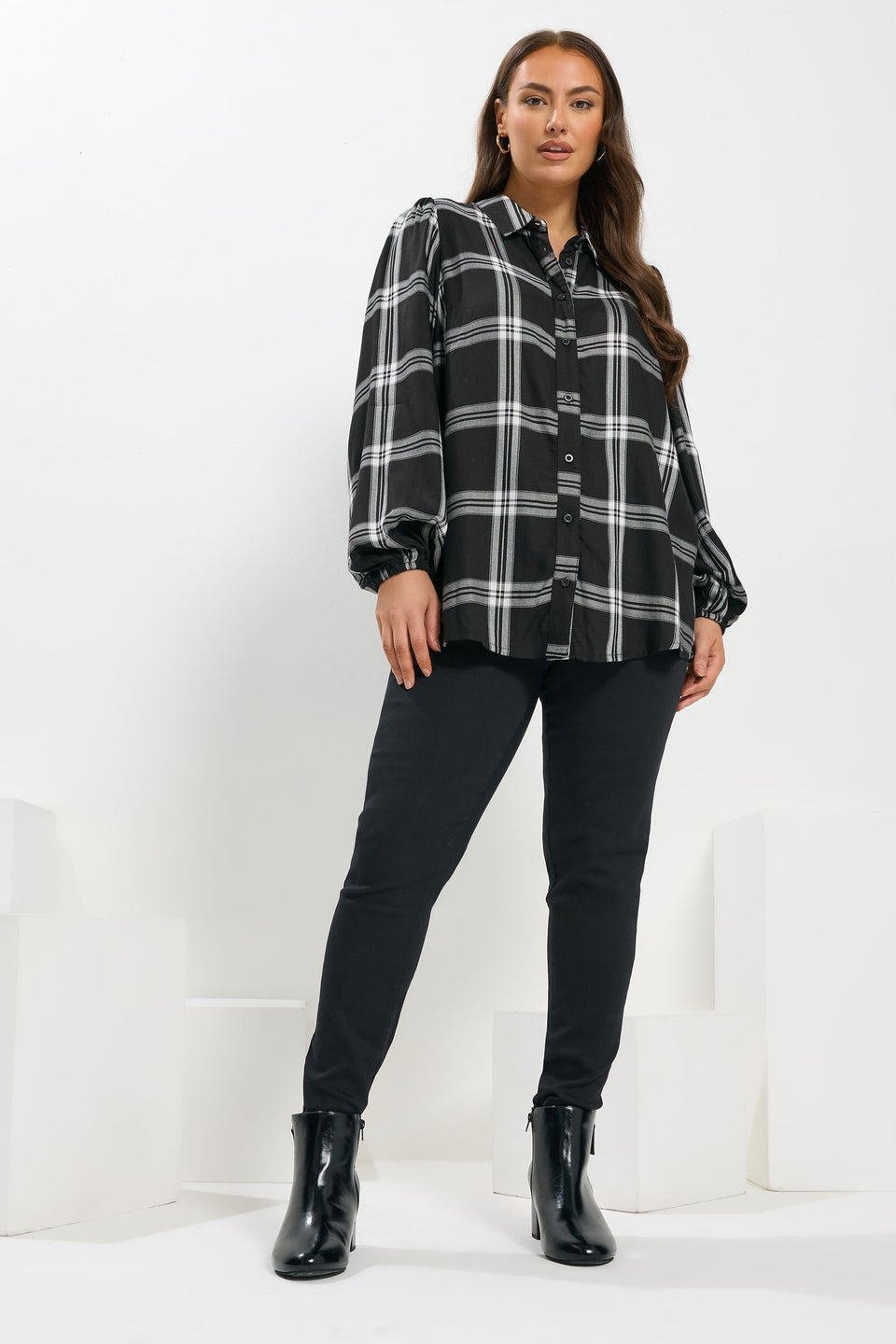 Yours Black Check Balloon Sleeve Blouse