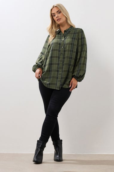 Yours Khaki Green Check Balloon Sleeve Blouse