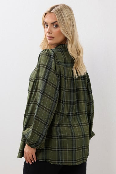 Yours Khaki Green Check Balloon Sleeve Blouse