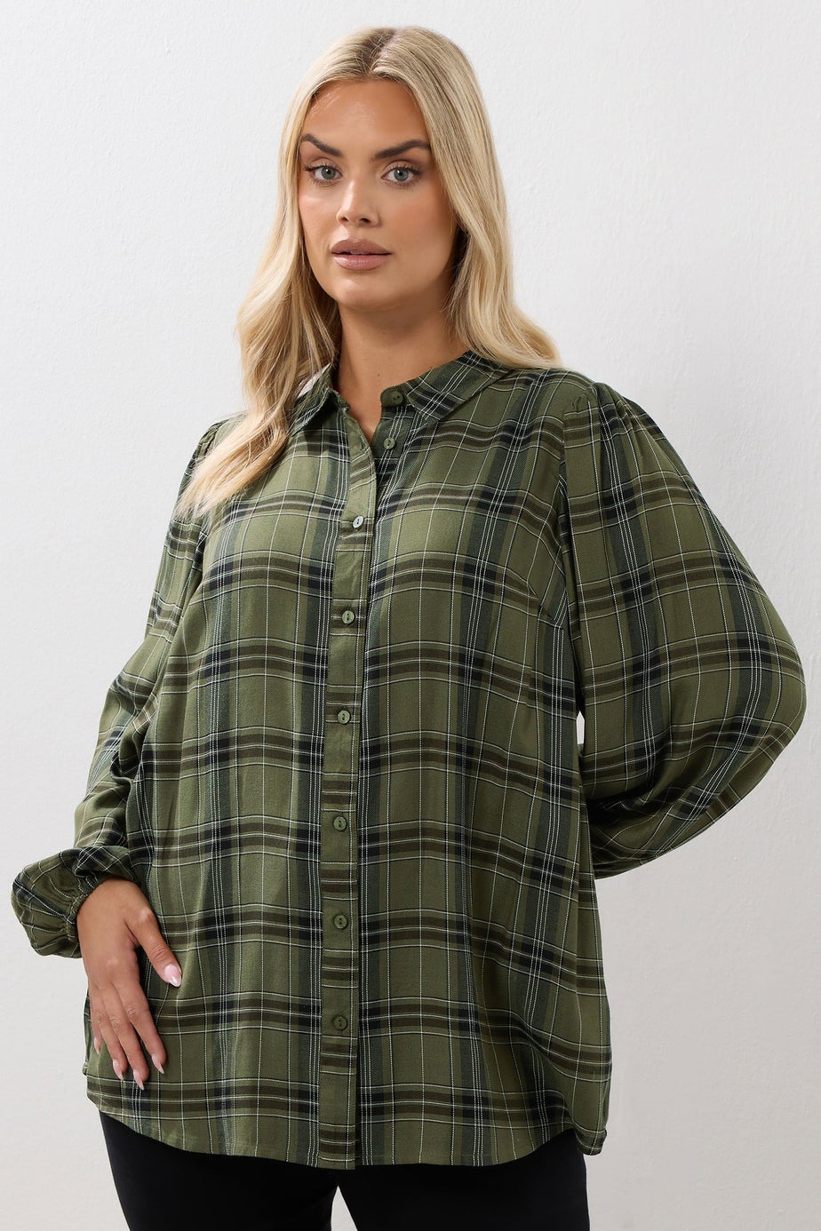 Yours Khaki Green Check Balloon Sleeve Blouse