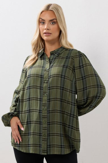 Yours Khaki Green Check Balloon Sleeve Blouse