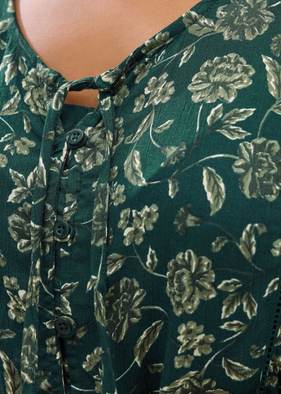 Yours Curve Green Floral Print Tie Neck Blouse