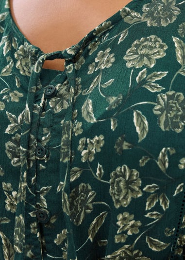 Yours Curve Green Floral Print Tie Neck Blouse