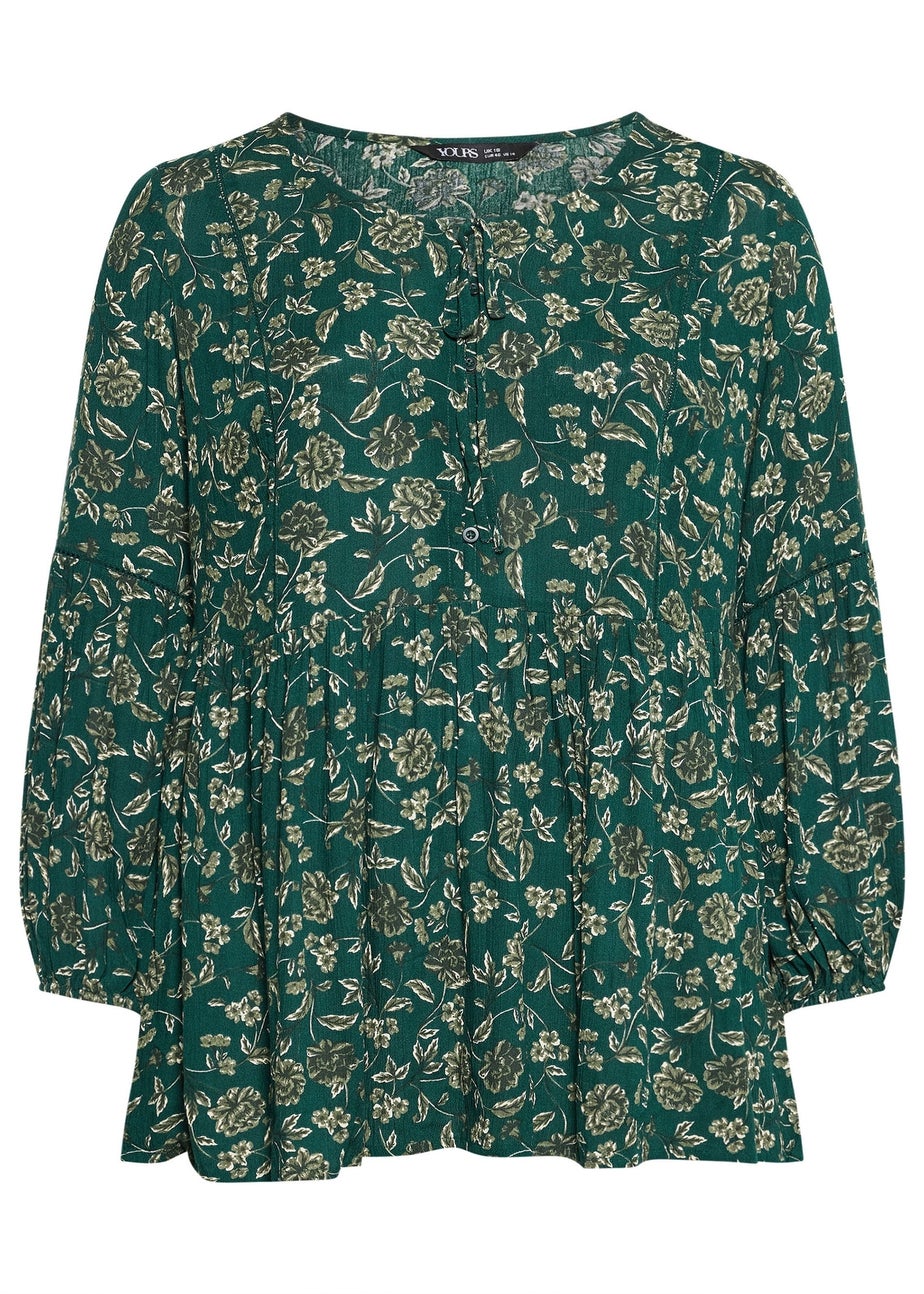 Yours Curve Green Floral Print Tie Neck Blouse