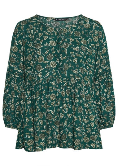 Yours Curve Green Floral Print Tie Neck Blouse