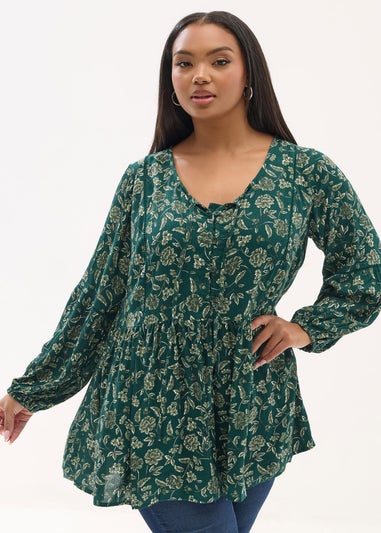 Yours Curve Green Floral Print Tie Neck Blouse