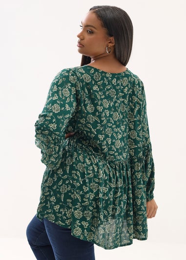 Yours Curve Green Floral Print Tie Neck Blouse