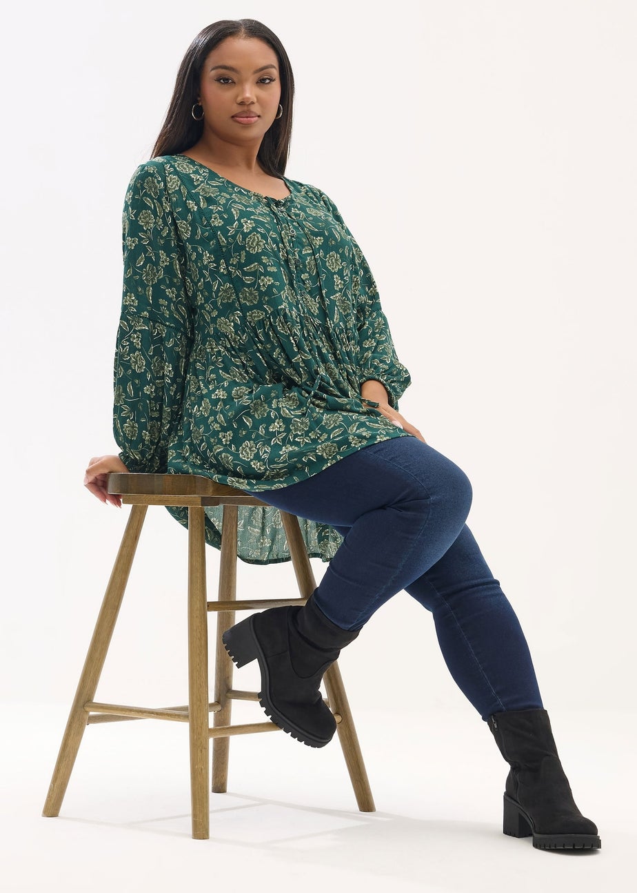 Yours Curve Green Floral Print Tie Neck Blouse