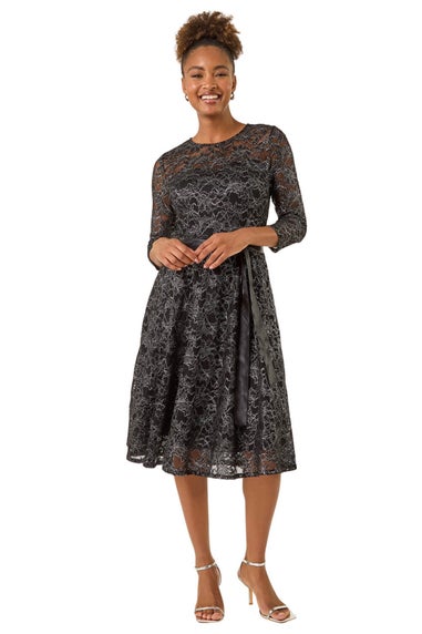 Roman Black Metallic Lace Frill Sleeve Dress
