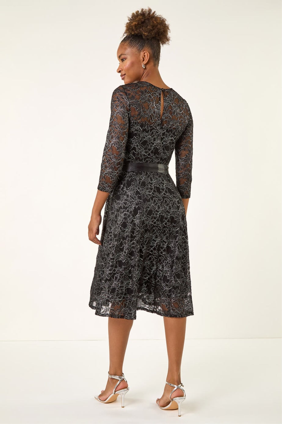 Roman Black Metallic Lace Frill Sleeve Dress