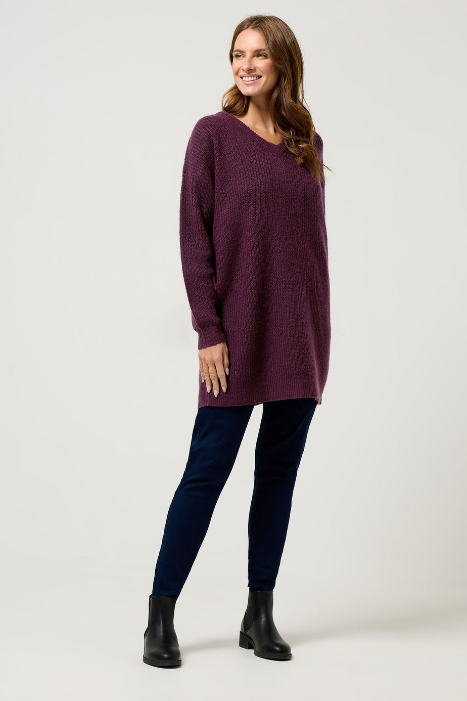 M&Co Berry Red V-Neck Tunic Jumper