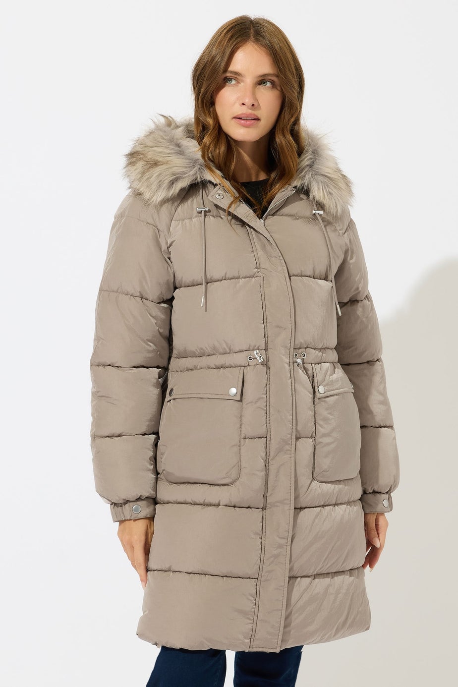 M&Co Natural Brown Fur Trim Padded Parka Coat