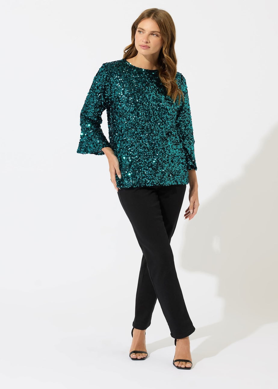 M&Co Green Sequin Flute Sleeve Top