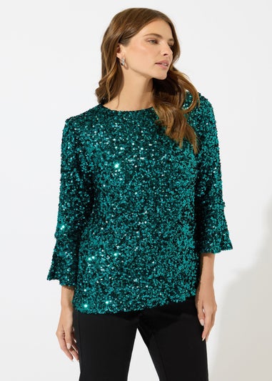 M&Co Green Sequin Flute Sleeve Top