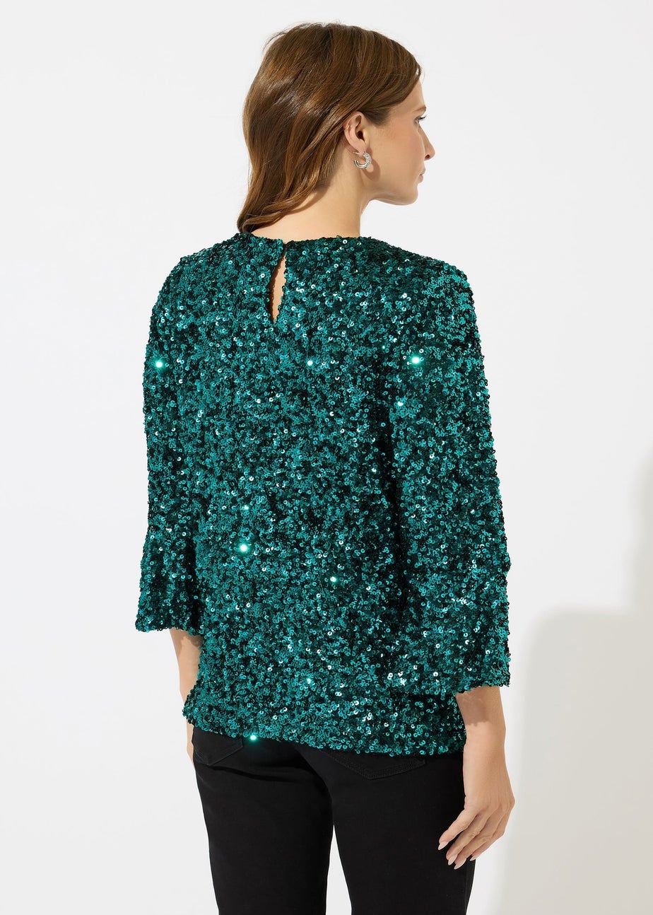 M&Co Green Sequin Flute Sleeve Top